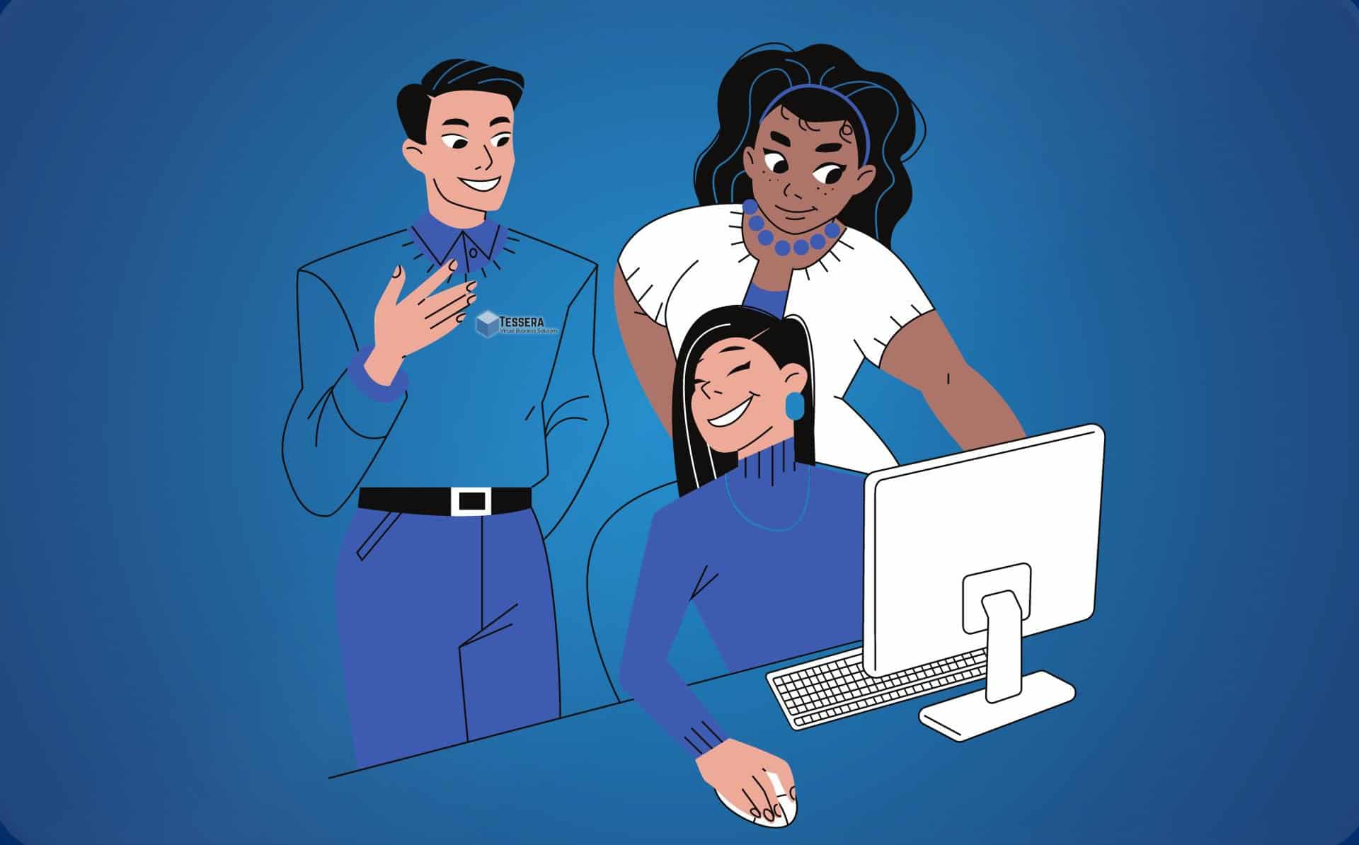 office workers on computer smiling during their onboarding process
