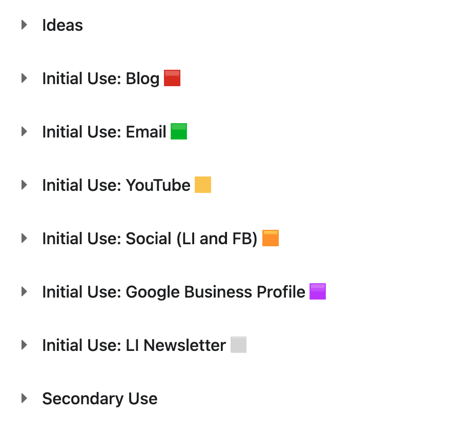 List of section headings in Asana to show the different marketing channels you may use for your content.