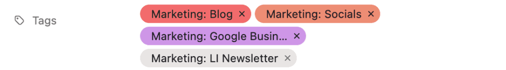 Tags in Asana showing which marketing channels a piece of content have been added to.